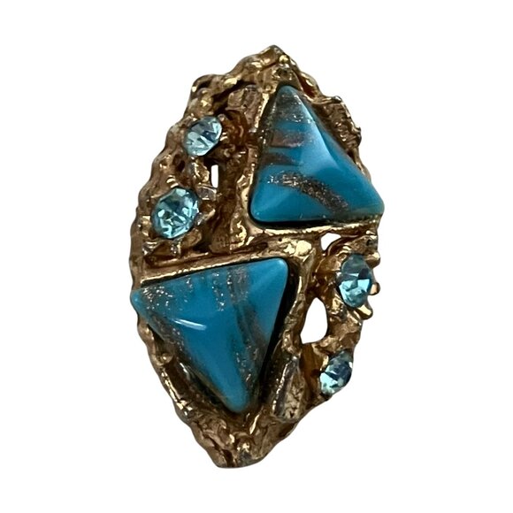 Vintage 60s Faux Turquoise Hubble Glass Gold Tone Clip On Earrings Geode Retro - Picture 2 of 7